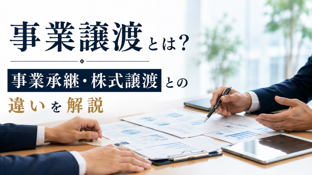 事業譲渡と事業承継・株式譲渡の違いや特徴、手続きについて解説する記事のアイキャッチ画像